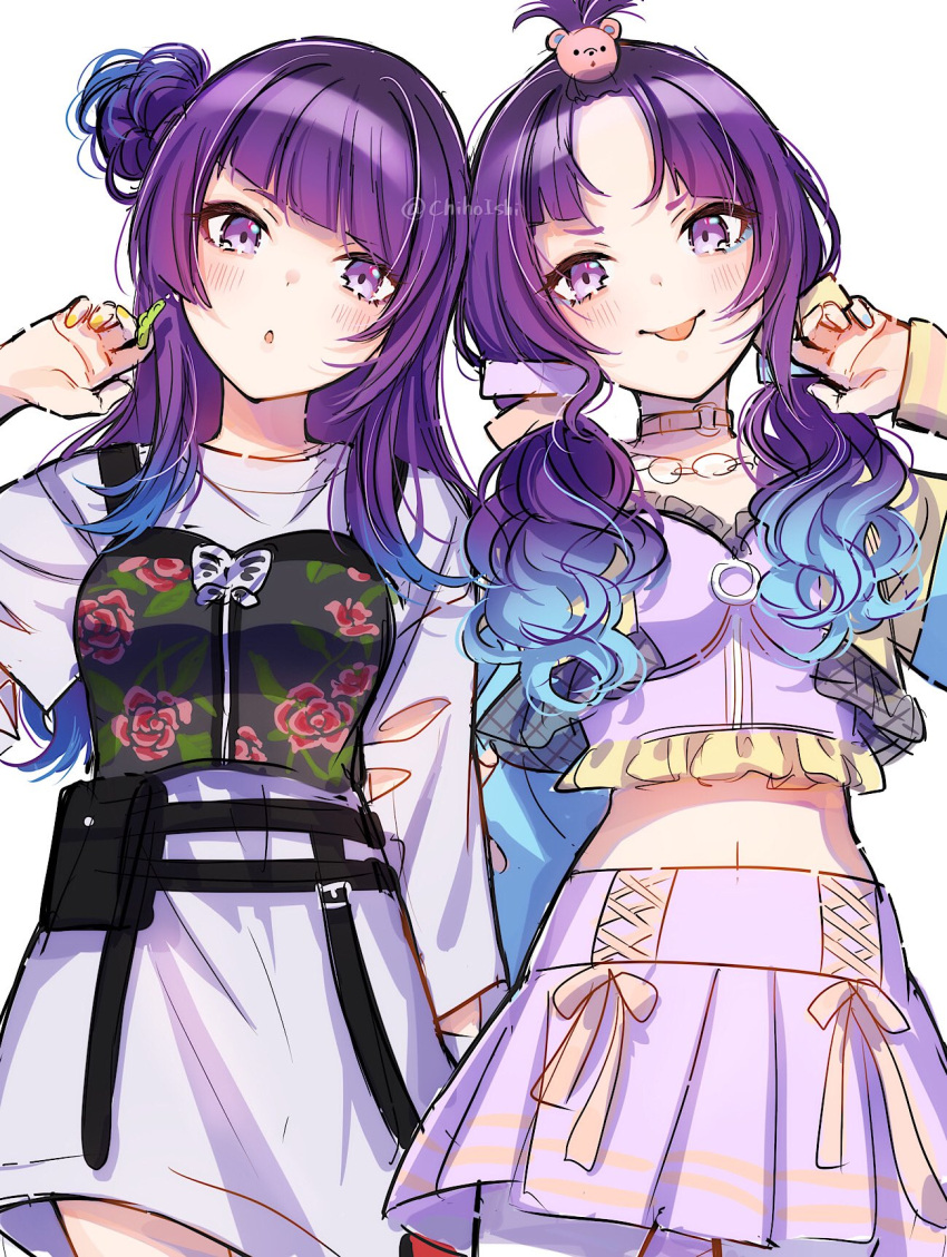 2girls blue_hair blue_nails blunt_bangs collar crop_top dress dual_persona earrings gradient_hair grey_dress hair_bun highres idolmaster idolmaster_shiny_colors jewelry l'antica_(idolmaster) long_hair long_sleeves looking_at_viewer midriff miniskirt multicolored_hair multiple_girls nail_polish navel one_side_up open_mouth pleated_skirt purple_hair shinishi_chiho short_dress simple_background sketch skirt standing stomach tanaka_mamimi tongue tongue_out torn_clothes torn_sleeves twitter_username violet_eyes white_background white_skirt yellow_nails
