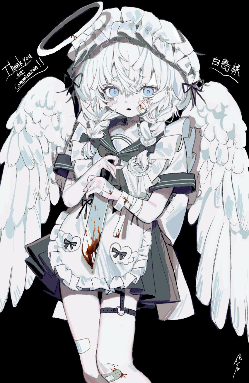 1girl angel_wings apron bandaged_arm bandages black_background black_bow black_skirt blood blood_on_weapon blue_eyes bow braid commission en_gmw gauze grey_neckerchief grey_sailor_collar hair_bow hakushima halo highres holding holding_knife knife low_twin_braids maid_apron maid_headdress neckerchief original parted_lips sailor_collar school_uniform serafuku skeb_commission skirt solo tears thigh_strap twin_braids weapon white_hair white_wings wings