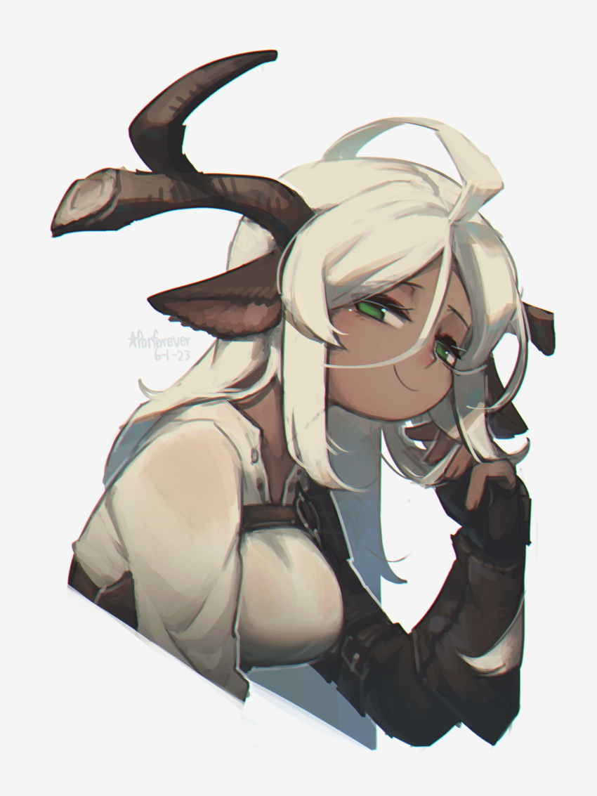 1girl absurdres ahoge animal_ears antlers artist_name borrowed_character breasts commentary cropped_torso dark-skinned_female dark_skin dated deer_antlers deer_ears english_commentary fingerless_gloves gloves green_eyes grey_background highres large_breasts long_hair looking_at_viewer original porforever shirt simple_background smile solo upper_body white_hair white_shirt