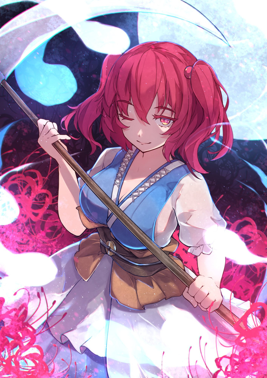 1girl chiroru_(cheese-roll) closed_mouth flower highres holding holding_weapon looking_at_viewer moon one_eye_closed onozuka_komachi redhead scythe short_twintails smile spider_lily touhou twintails weapon