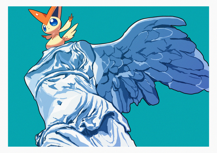 absurdres blue_eyes border bright_pupils closed_mouth from_below green_background highres no_humans outstretched_arms pokemon pokemon_(creature) saiku_(zvlku) solo standing statue victini white_border white_pupils