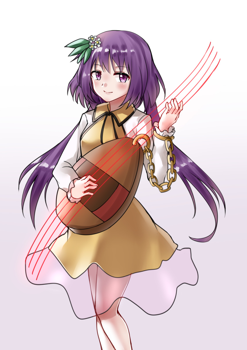 1girl absurdres ailu_elf biwa_lute chain chinese_commentary closed_mouth commentary_request dress feet_out_of_frame flower hair_flower hair_ornament highres holding holding_instrument instrument long_hair long_sleeves lute_(instrument) purple_hair smile solo touhou tsukumo_benben violet_eyes white_flower yellow_dress