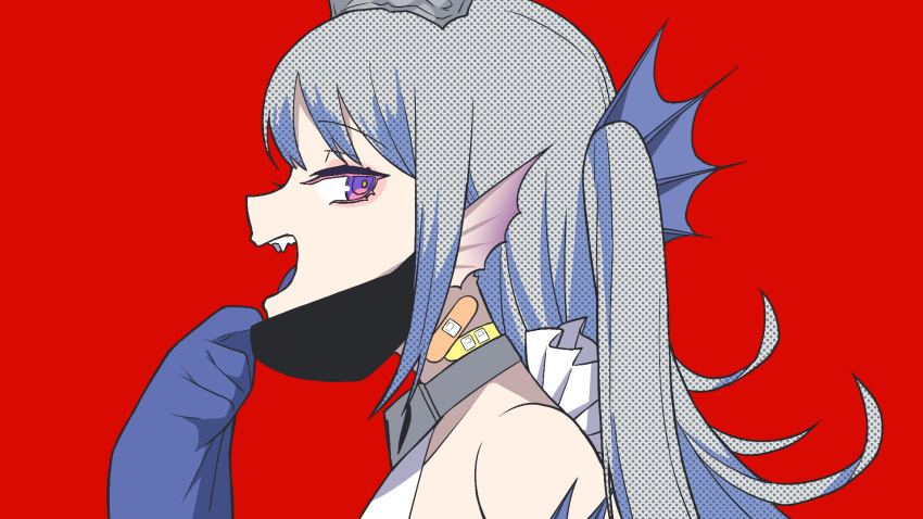 1girl adjusting_mask bandaid bandaid_on_neck bare_shoulders collar duel_monster fangs fins grey_hair head_fins highres long_hair mask metal_collar mouth_mask open_mouth red_background simple_background sleeves_past_fingers sleeves_past_wrists solo tago_sota tearlaments_scheiren tiara tongue two_side_up vampire_(vocaloid) violet_eyes yu-gi-oh!