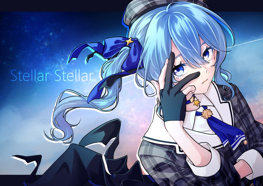 1girl absurdres beret black_gloves blue_bow blue_choker blue_eyes blue_hair blue_necktie bow choker collared_jacket english_text gloves hair_between_eyes hair_bow hat highres hololive hoshimachi_suisei jacket kashikaze long_hair long_sleeves looking_at_viewer necktie one_side_up outline parted_lips partially_fingerless_gloves plaid plaid_headwear plaid_jacket sidelocks solo starry_background virtual_youtuber white_outline