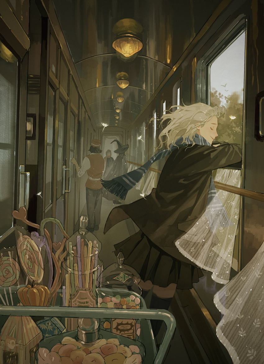 arm_rest black_skirt black_thighhighs blue_scarf candy character_request closed_eyes floating_hair food from_side galley_cart harry_potter_(series) highres iyzlime jacket jelly_bean leaning_on_object light_brown_hair lollipop luna_lovegood open_clothes open_jacket pleated_skirt scarf skirt smile thigh-highs wizarding_world