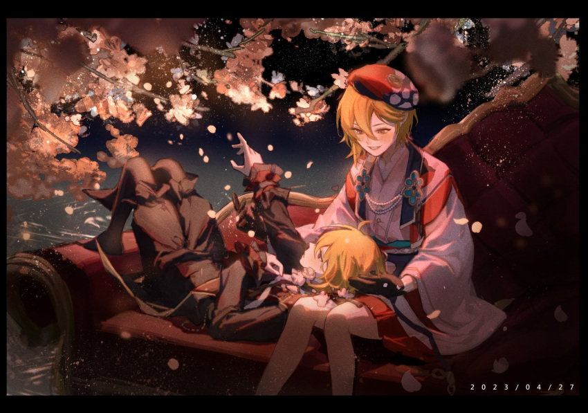 2023 2boys black_pants black_pantyhose black_shirt blonde_hair blush cherry_blossoms couch dated dual_persona ensemble_stars! highres japanese_clothes kimono long_sleeves lying male_focus multicolored_clothes multicolored_kimono multicolored_shirt multiple_boys nito_nazuna on_back ooolong_milktea open_mouth pants pantyhose pink_kimono red_eyes red_headwear red_kimono red_shirt shirt short_hair sky star_(sky) starry_sky teeth