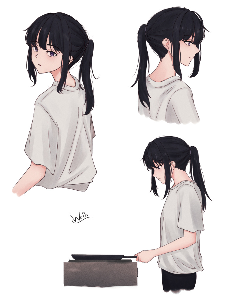 1girl absurdres alternate_hairstyle black_hair casual chxoswolf cropped_legs cropped_torso english_commentary frying_pan highres holding holding_frying_pan inoue_takina lycoris_recoil multiple_views ponytail shirt short_sleeves signature violet_eyes white_background white_shirt