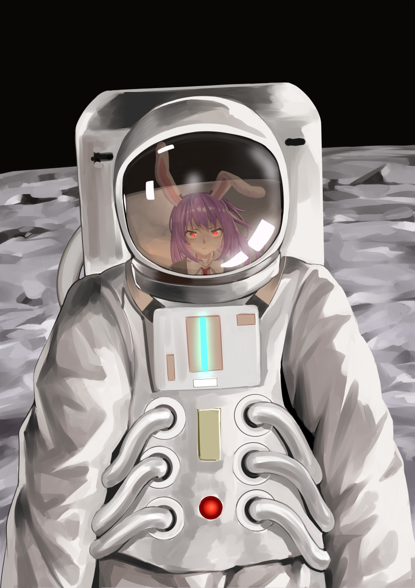 1girl 1other absurdres ailu_elf animal_ears astronaut chinese_commentary closed_mouth commentary_request full_moon highres long_hair moon on_moon outdoors pov purple_hair rabbit_ears rabbit_girl red_eyes reflection reisen_udongein_inaba space space_helmet spacesuit touhou upper_body