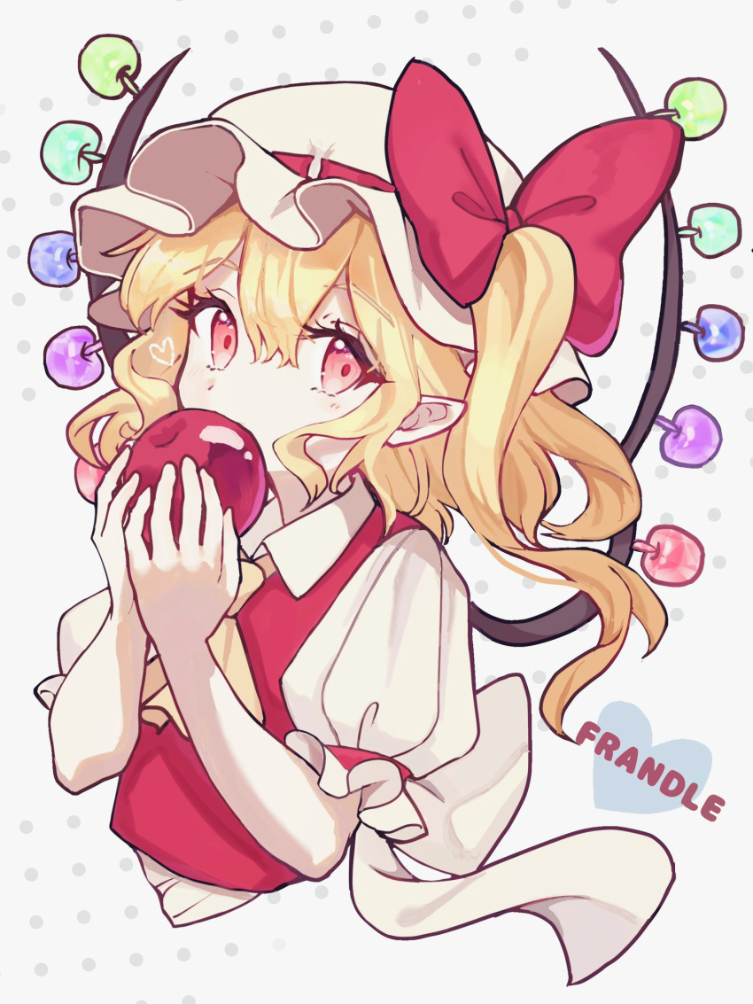 1girl alternate_wings apple ascot blonde_hair cropped_torso flandre_scarlet food frilled_sleeves frills fruit hair_between_eyes hat highres holding holding_food holding_fruit long_hair looking_at_viewer mob_cap nyanaya one_side_up pointy_ears polka_dot polka_dot_background red_eyes red_vest shirt short_sleeves solo touhou upper_body vest white_headwear white_shirt wings yellow_ascot