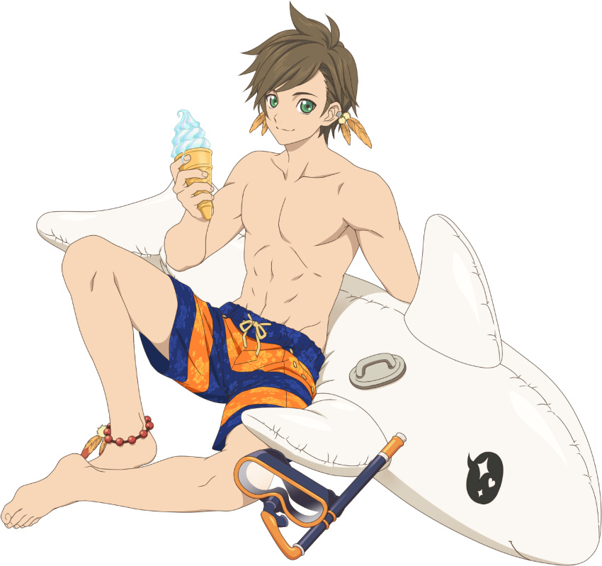 1boy barefoot brown_hair earrings feather_earrings feathers feet fingernails food green_eyes highres ice_cream jewelry leg_ribbon legs looking_at_viewer male_focus male_swimwear official_art orange_feathers ribbon smile sorey_(tales) stuffed_animal stuffed_toy swim_trunks tales_of_(series) tales_of_asteria tales_of_zestiria toenails toes topless_male transparent_background