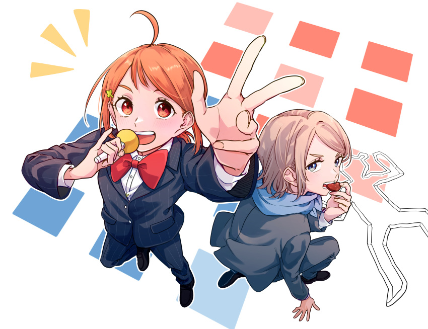 2girls absurdres ahoge alternate_hairstyle blue_eyes bow bowtie chalk_outline commentary_request eating formal furrowed_brow grey_hair highres holding holding_microphone kashikaze loafers looking_at_viewer love_live! love_live!_sunshine!! microphone multiple_girls orange_eyes orange_hair ponytail red_bow red_bowtie shoes short_hair simple_background smile striped_suit suit takami_chika watanabe_you