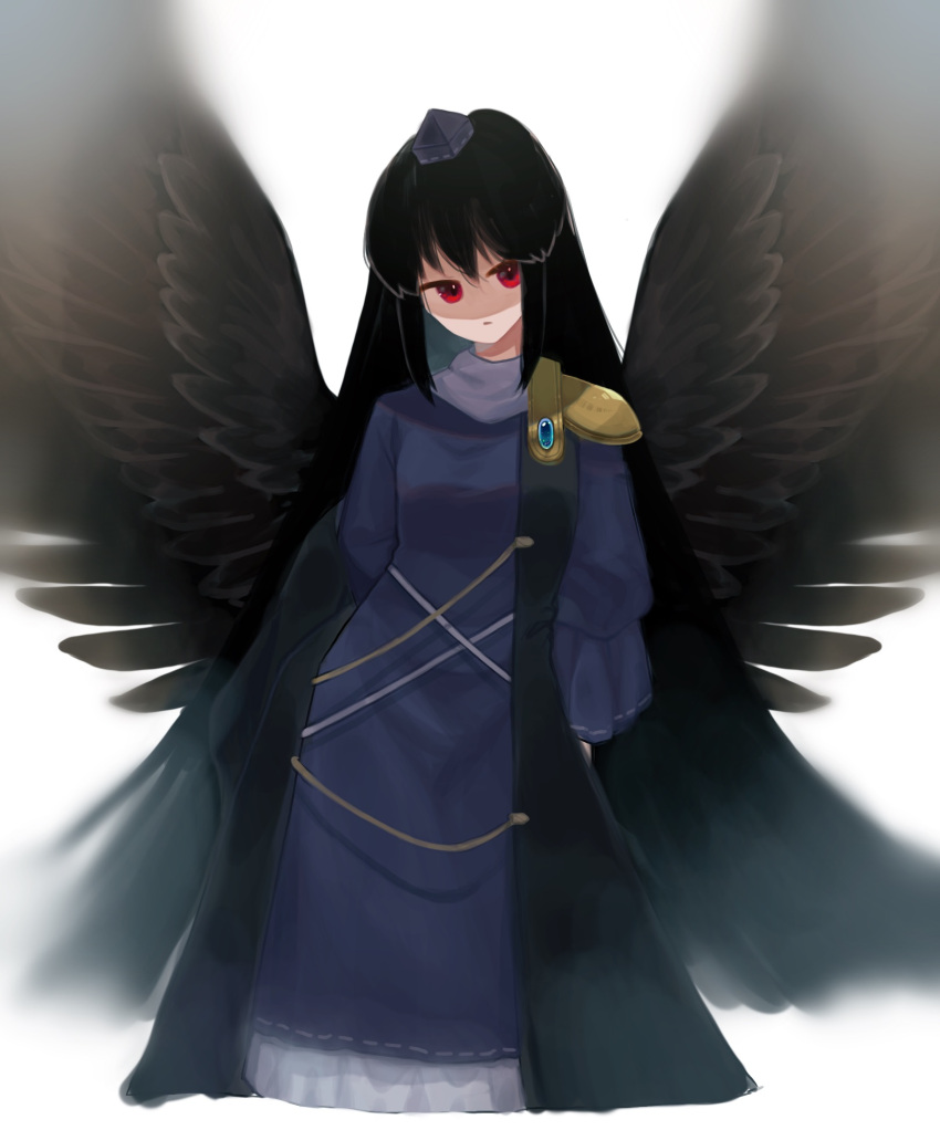 1girl armor arms_at_sides bird_wings black_hair black_wings blue_dress blurry breasts closed_mouth commentary_request cropped_legs depth_of_field dress expressionless eyebrows_hidden_by_hair feathered_wings hat highres iizunamaru_megumu long_hair long_sleeves looking_at_viewer off_shoulder pauldrons red_eyes shoulder_armor simple_background single_pauldron small_breasts soft_focus solo tokin_hat touhou very_long_hair waistcoat white_background wings yatsuga_(kouahey_dierci)