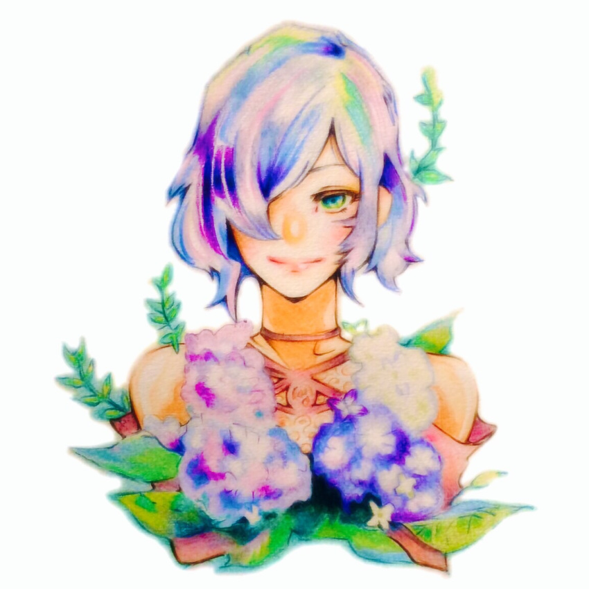 1girl bare_shoulders collarbone colored_pencil_(medium) flower green_eyes hair_over_one_eye holding holding_flower hydrangea kirishima_touka leaf purple_flower purple_hair short_hair smile solo takuya_kon tokyo_ghoul traditional_media upper_body white_background