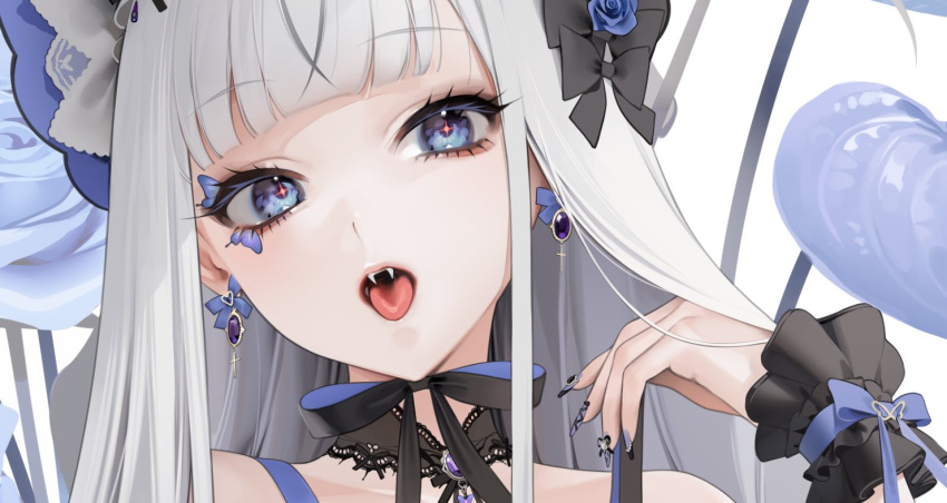 1girl anthurium blue_eyes blue_flower blue_ribbon blue_rose bow bow_earrings bright_pupils close-up cropped detached_collar earrings eyelashes fangs fingernails flower grey_hair hair_flower hair_ornament jewelry long_fingernails long_hair looking_at_viewer ohisashiburi open_mouth original ribbon rose solo teeth tongue tongue_out wrist_cuffs wrist_ribbon