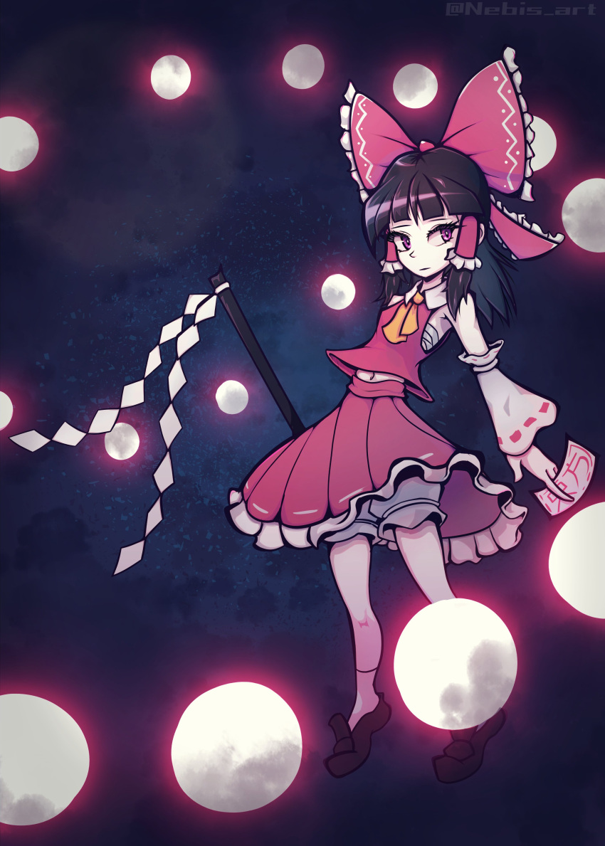 absurdres black_footwear black_hair dress energy_ball hakurei_reimu highres nebits red_dress red_ribbon ribbon stick touhou witch yellow_ribbon