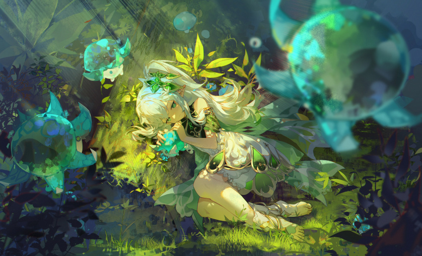 1girl absurdres bare_shoulders bloomers blurry chinese_commentary clover_hair_ornament commentary_request creature cross-shaped_pupils curled_up dappled_sunlight day depth_of_field detached_sleeves dress floating forest from_above full_body fungi_(genshin_impact) genshin_impact grass green_eyes green_theme hair_ornament highres holding holding_creature leaf leleyoukuailele light_rays long_hair lying nahida_(genshin_impact) nature on_grass on_side outdoors pointy_ears scenery side_ponytail sleeveless sleeveless_dress solo sunbeam sunlight symbol-shaped_pupils toeless_footwear underwear white_dress white_footwear white_hair