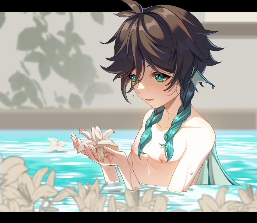 1boy aqua_hair back_fin black_hair braid chinese_commentary commentary_request fins flower genshin_impact gradient_hair green_eyes head_fins highres in_water male_focus multicolored_hair nipples open_mouth short_hair_with_long_locks solo topless_male twin_braids venti_(genshin_impact) wet white_flower xiao_iao