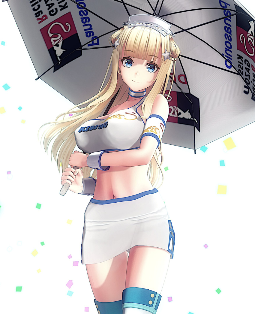 artist_request blonde_hair blue_eyes breasts choker double_bun fletcher_(kancolle) hair_bun headgear highres holding holding_umbrella kantai_collection large_breasts long_hair looking_at_viewer navel racequeen simple_background smile umbrella