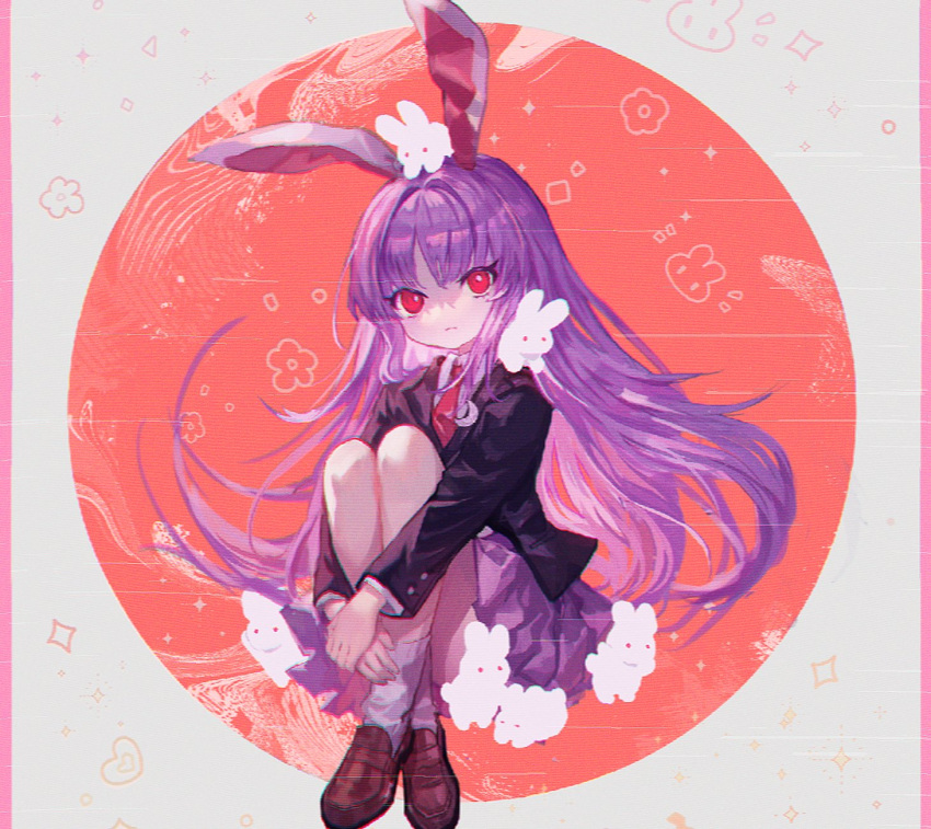 1girl animal_ears animal_on_head animal_on_shoulder animal_print blazer bright_pupils brown_footwear chromatic_aberration closed_mouth crescent crescent_pin crossed_legs floral_print full_body highres jacket knees_up long_hair looking_at_viewer necktie on_head pink_skirt purple_hair rabbit_ears rabbit_girl rabbit_print red_eyes red_necktie reisen_udongein_inaba scanlines shionty skirt socks solo touhou very_long_hair white_pupils white_rabbit_(animal) white_socks