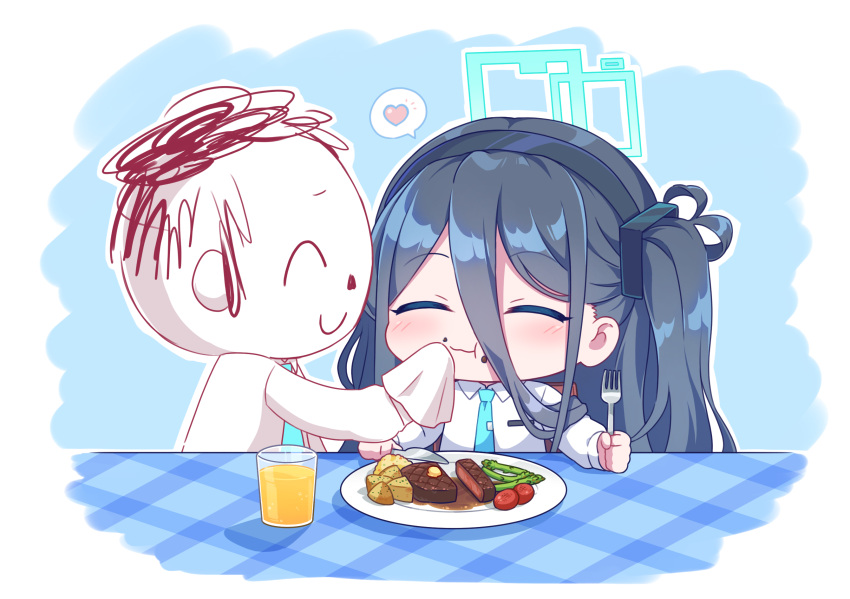 1boy 1girl :t ^_^ aris_(blue_archive) arona's_sensei_doodle_(blue_archive) black_hair black_hairband blue_archive blue_necktie chibi closed_eyes closed_mouth collared_shirt cup drink drinking_glass eating food food_on_face food_request fork hairband halo heart highres holding holding_fork holding_knife kaoling knife long_hair long_sleeves necktie one_side_up outline plate profile sensei_(blue_archive) shirt spoken_heart steak wavy_mouth white_outline white_shirt