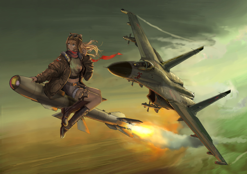 1girl absurdres aircraft airplane blonde_hair blue_eyes bomber_jacket boots canopy_(aircraft) fighter_jet goggles goggles_on_head highres jacket jet long_hair military military_vehicle mirroraptor missile pilot_suit reverse:1999 riding scarf short_shorts shorts star_(symbol) su-27