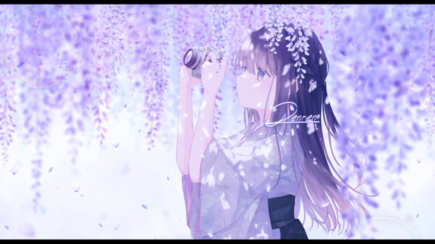 1girl black_hakama blurry blurry_background blush braid camera commentary_request day falling_petals floral_print flower french_braid from_side hair_between_eyes hakama holding holding_camera japanese_clothes kimono lens_flare lens_focus letterboxed long_hair long_sleeves looking_up original outdoors parted_lips petals print_kimono purple_hair purple_kimono renren_(pixiv22963369) sidelocks signature solo straight_hair upper_body violet_eyes wide_sleeves wisteria