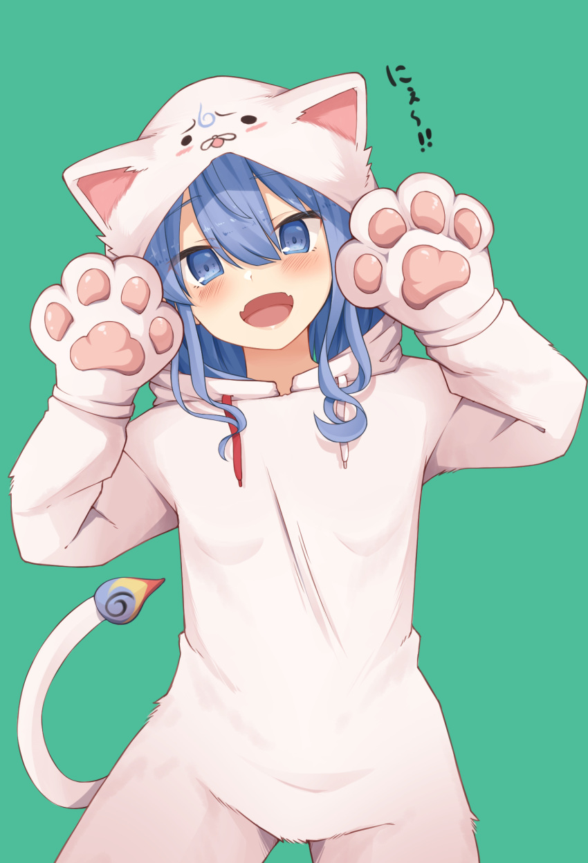 1girl animal_ears aobara_hairi blue_eyes blue_hair blush breasts cowboy_shot fake_animal_ears fangs green_background hair_between_eyes head_tilt highres hololive hood hood_up hoshimachi_suisei looking_at_viewer medium_hair open_mouth paw_pose simple_background skin_fangs small_breasts solo