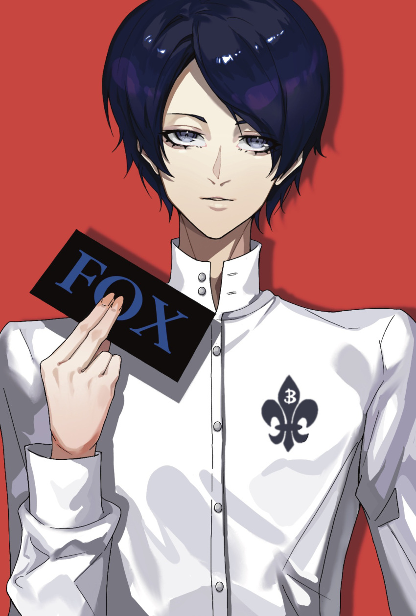 1boy blue_hair buttons card english_text eroka404 grey_eyes hand_up highres holding holding_card kitagawa_yuusuke long_sleeves looking_at_viewer male_focus parted_lips persona persona_5 red_background school_uniform shirt short_hair simple_background solo turtleneck upper_body white_shirt