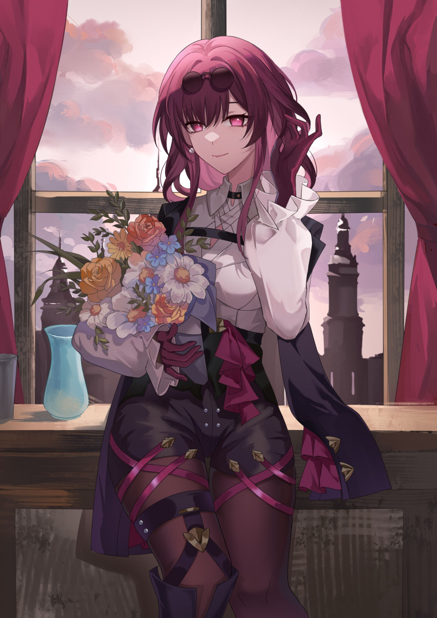 1girl absurdres black_choker black_footwear black_jacket black_shorts boots bouquet building chest_strap choker clouds curtains day earrings eyewear_on_head feet_out_of_frame flower frilled_sleeves frills gloves hair_tucking hand_up highres holding holding_bouquet honkai:_star_rail honkai_(series) jacket jacket_on_shoulders jewelry kafka_(honkai:_star_rail) knee_boots leaf leaning legwear_garter long_sleeves looking_at_viewer medium_hair pantyhose purple_gloves purple_hair purple_pantyhose rose round_eyewear shirt shorts sidelocks single_earring sky smile solo sunglasses vase violet_eyes white_flower white_shirt window xuan_xuan_xuan_za yellow_flower yellow_rose