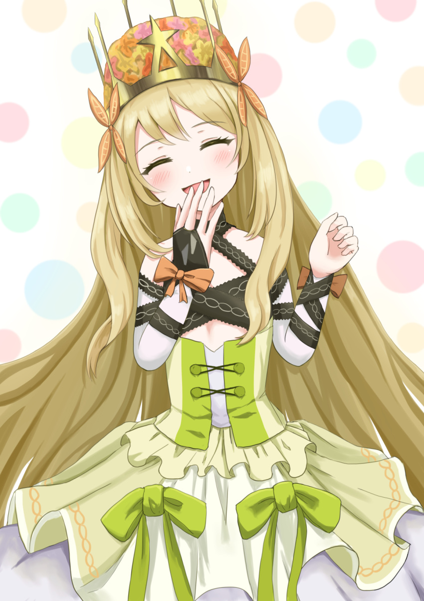 1girl blonde_hair bow butterfly_hair_ornament celine_(fire_emblem) closed_eyes covering_mouth cowboy_shot crown detached_sleeves dress dress_bow facing_viewer fire_emblem fire_emblem_engage flat_chest flower green_bow hair_flower hair_ornament hand_over_own_mouth highres long_hair open_mouth orange_bow patty_ojisan simple_background solo very_long_hair wrist_bow