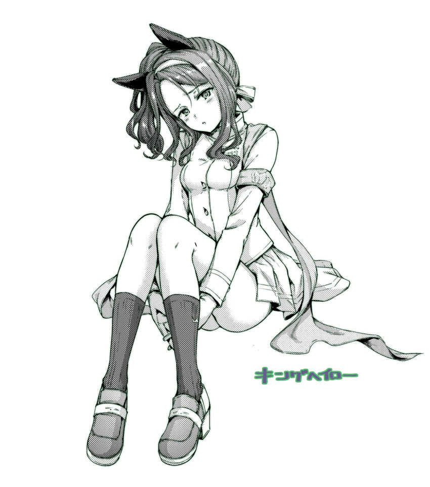 1girl animal_ears blush breasts character_request detached_sleeves ear_covers greyscale hamao highres horse_ears long_hair looking_at_viewer medium_breasts monochrome ponytail shoes simple_background sitting skirt socks umamusume white_background