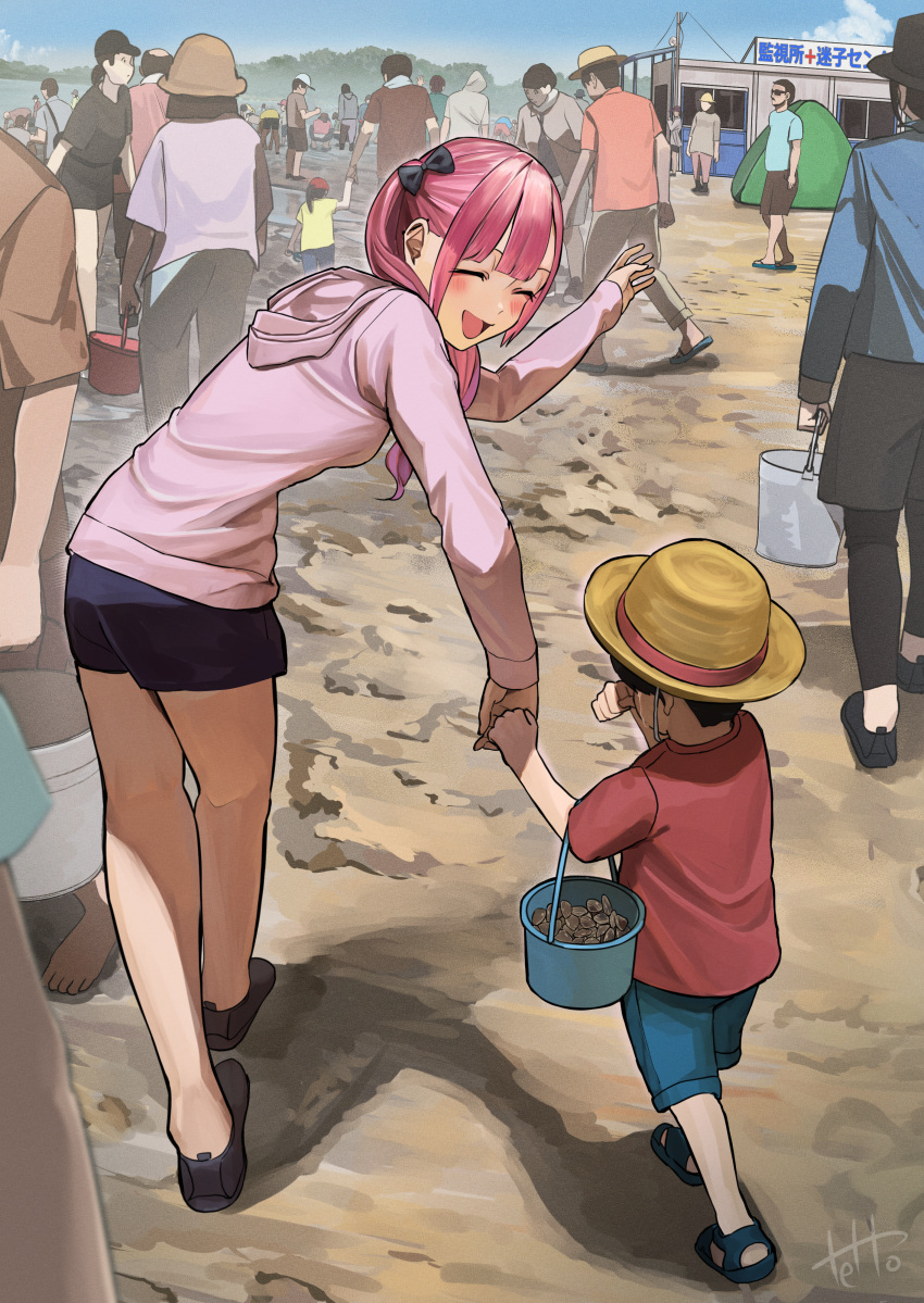 6+boys 6+girls absurdres age_difference beach blunt_bangs blush bow breasts bucket clam closed_eyes commentary_request crying facing_away full_body gradient_hair hair_bow hat helping highres hinamizawa_hinami holding_hands hood hoodie long_hair lost_child medium_breasts multicolored_hair multiple_boys multiple_girls open_mouth original outdoors pink_hair pink_hoodie pointing purple_hair sand sandals shadow short_shorts shorts smile straw_hat sunlight tetto_(onnoveltet) tree twintails walking