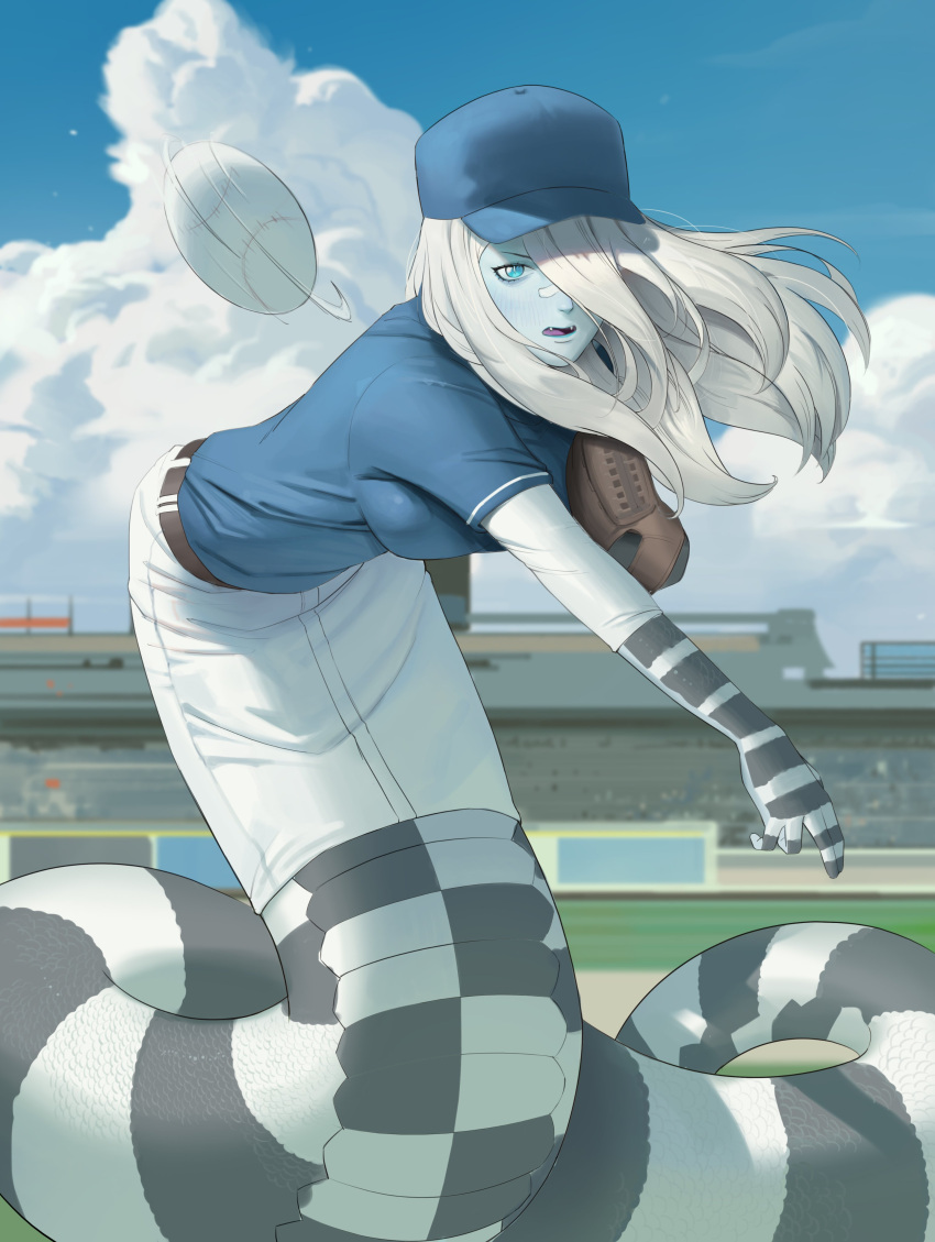 1girl absurdres aqua_skin baseball baseball_cap baseball_mitt baseball_stadium baseball_uniform blue_eyes blue_headwear blue_shirt blue_sky boonie_baby borrowed_character breasts bright_pupils clouds fangs full_body grass grey_scales hair_over_one_eye hat highres ivy_(sparrowl) lamia large_breasts long_hair looking_at_viewer monster_girl open_mouth original outdoors pencil_skirt scales shirt short_sleeves skirt sky slit_pupils solo sportswear t-shirt throwing white_hair white_pupils white_scales white_skirt