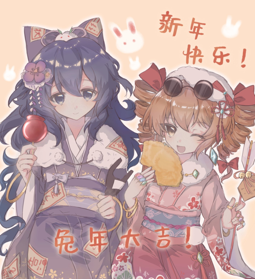 2girls arrow_(projectile) blue_bow blue_hair blue_kimono bow brown_eyes candy_apple closed_mouth drill_hair earrings ema eyewear_on_head flower food hair_between_eyes hair_bow hair_flower hair_ornament hamaya highres holding holding_food japanese_clothes jewelry jiaomo_zenme_ni_le kimono long_hair long_sleeves multiple_girls obi one_eye_closed open_mouth orange_hair pink_kimono purple_flower ring round_eyewear sash siblings sisters smile sunglasses touhou twin_drills twintails wide_sleeves yorigami_jo'on yorigami_shion