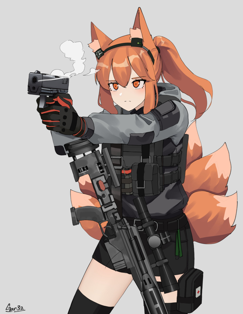 1girl absurdres animal_ears black_hairband black_shorts black_thighhighs closed_mouth commentary commission fox_ears fox_girl fox_tail gar32 grey_background grey_jacket gun hair_between_eyes hairband handgun highres holding holding_gun holding_weapon hood hood_down hooded_jacket jacket kitsune orange_eyes orange_hair original ponytail scope shorts sidelocks signature simple_background smoke smoking_gun solo standing tail thigh-highs weapon weapon_request