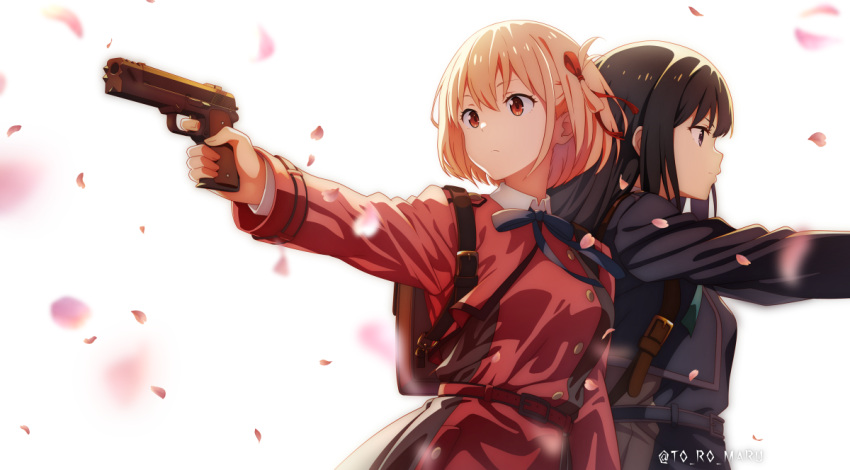 2girls back-to-back backpack bag black_hair blonde_hair blue_dress blue_ribbon cherry_blossoms closed_mouth collared_shirt commentary_request dress grey_dress gun hair_ribbon handgun holding holding_gun holding_weapon inoue_takina long_hair long_sleeves lycoris_recoil lycoris_uniform multiple_girls neck_ribbon nishikigi_chisato one_side_up petals red_dress red_eyes red_ribbon ribbon shirt short_hair sidelocks to_ro_maru twitter_username two-tone_dress upper_body violet_eyes weapon white_shirt