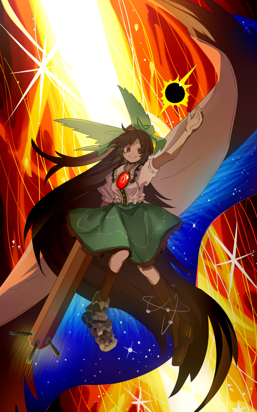 1girl absurdly_long_hair absurdres arm_cannon arm_up asymmetrical_footwear atom bird_wings black_footwear black_hair black_socks black_sun bow breasts brown_wings cape collared_shirt commentary_request control_rod fire frilled_shirt_collar frilled_skirt frills full_body green_bow green_skirt grin hair_bow highres ichirugi large_bow long_hair medium_breasts mismatched_footwear print_cape red_eyes reiuji_utsuho shirt shoes short_sleeves single_shoe skirt smile socks solo starry_sky_print sun third_eye touhou very_long_hair weapon white_cape white_shirt wings