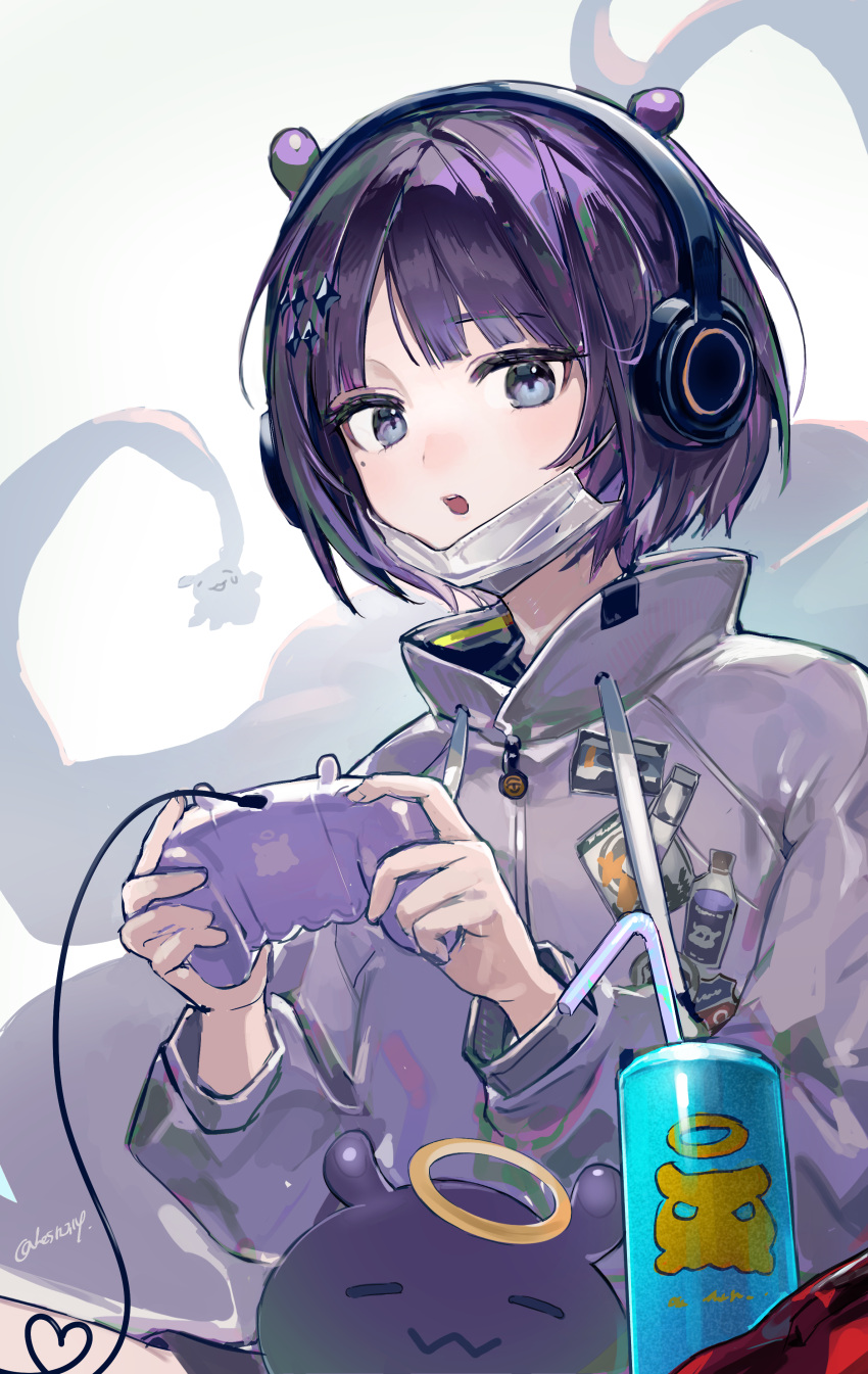 1girl absurdres blue_eyes blush can controller creature drinking_straw game_controller grey_jacket halo headphones highres hololive jacket long_sleeves looking_at_viewer mask mask_pull mole mole_under_eye mouth_mask ninomae_ina'nis octopus open_mouth purple_hair short_hair sitting soda_can solo tentacles twice12314 twitter_username upper_body virtual_youtuber zipper_pull_tab