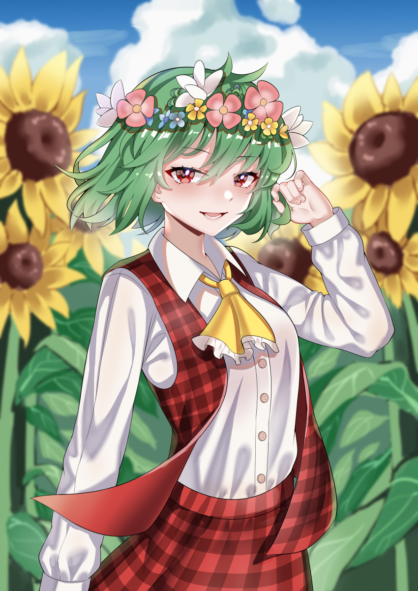 1girl absurdres ailu_elf ascot blue_sky chinese_commentary clouds collared_shirt commentary_request cowboy_shot flower green_hair head_wreath highres kazami_yuuka long_sleeves looking_at_viewer outdoors plaid plaid_skirt plaid_vest red_eyes red_skirt red_vest shirt short_hair skirt sky smile solo sunflower touhou vest white_shirt yellow_ascot