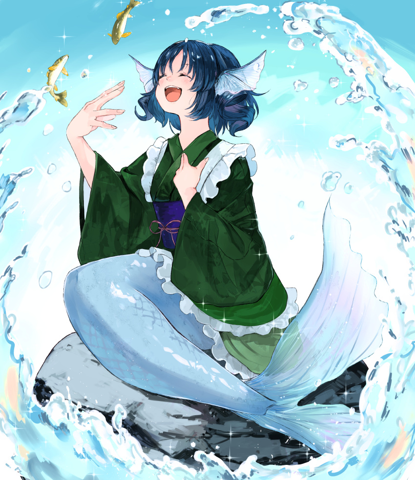 1girl :d blue_background blue_hair closed_eyes commentary_request fins fish frilled_kimono frills full_body gradient_background green_kimono head_fins highres japanese_clothes kimono long_sleeves mermaid monster_girl niseneko_(mofumofu_ga_ienai) open_mouth sash short_hair sitting smile touhou wakasagihime water wide_sleeves