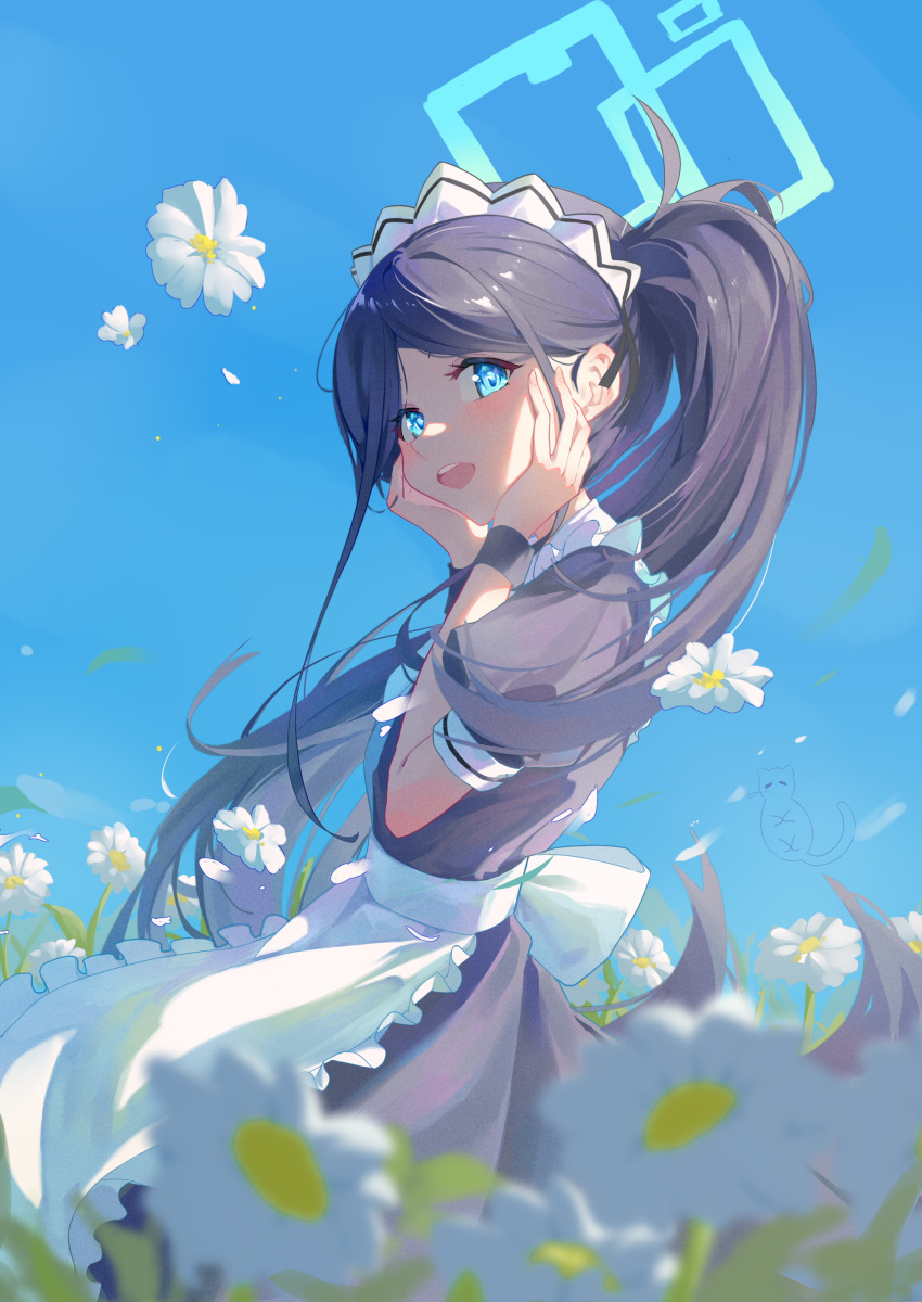 1girl absurdres alternate_costume apron aris_(blue_archive) aris_(maid)_(blue_archive) black_dress blue_archive blue_eyes blue_sky blurry blurry_foreground blush clear_sky dress enmaided field flower flower_field forehead frilled_apron frills from_side halo hands_on_own_cheeks hands_on_own_face highres long_hair looking_at_viewer maid maid_headdress nekoyun93 official_alternate_costume open_mouth outdoors parted_bangs side_ponytail sky smile upper_body very_long_hair white_apron wrist_cuffs