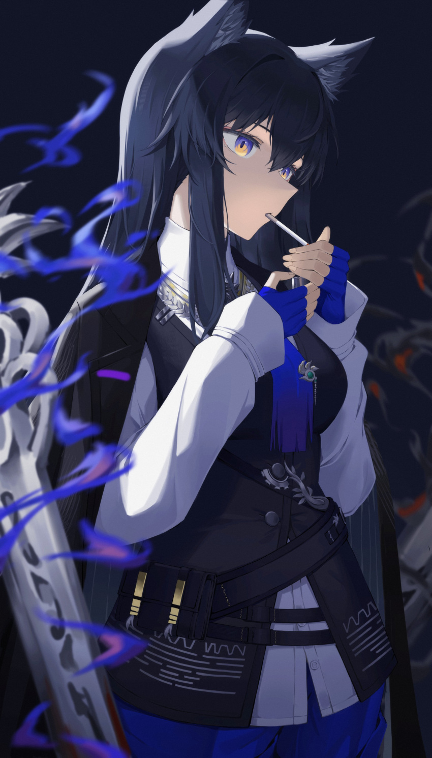 1girl absurdres animal_ear_fluff animal_ears arknights black_hair black_jacket black_vest blue_eyes blue_gloves blue_shorts breasts cigarette closed_mouth collared_shirt commentary_request fingerless_gloves gaoqiaoyuyin_takahashi gloves hair_between_eyes hands_up highres holding jacket jacket_on_shoulders lighter long_hair long_sleeves medium_breasts mouth_hold shirt shorts sleeves_past_wrists solo texas_(arknights) texas_the_omertosa_(arknights) very_long_hair vest white_shirt