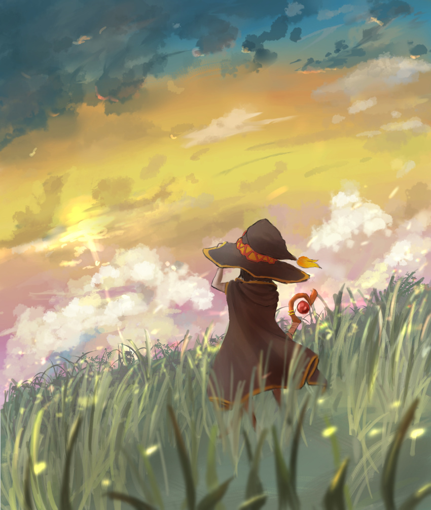 1girl absurdres black_cape black_headwear blue_sky brown_hair cape clouds cloudy_sky commentary dutch_angle facing_away from_behind full_body gradient_sky grass hand_on_headwear hand_up hat highres holding holding_staff kono_subarashii_sekai_ni_shukufuku_wo! megumin naaga_(pontania123) outdoors pink_sky scenery sky solo staff standing sunset tall_grass wind witch_hat yellow_sky