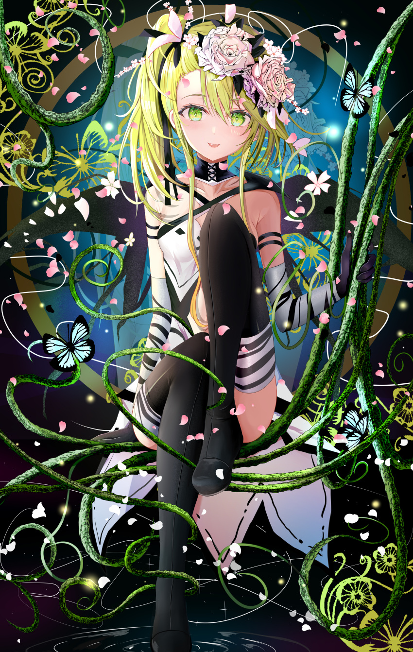 1girl absurdres black_thighhighs boots bug butterfly deathpolca demons_roots elbow_gloves falling_petals flower full_body gloves green_eyes green_hair hair_flower hair_ornament highres legs_together looking_at_viewer petals plant ripples side_ponytail sitting smile solo st1911 thigh-highs thigh_boots vines