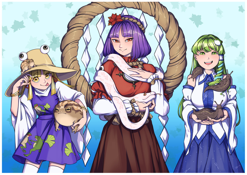 3girls animal animal_print blonde_hair blue_background blue_skirt bob_cut breasts commentary detached_sleeves dress english_commentary frog_hair_ornament frog_print green_eyes green_hair hair_ornament highres holding holding_animal kochiya_sanae large_breasts leaf leaf_background leaf_hair_ornament medium_breasts mefomefo moriya_suwako multiple_girls nontraditional_miko onbashira open_mouth purple_dress purple_hair pyonta red_eyes rope shimenawa short_hair skirt slug small_breasts smile snake snake_hair_ornament toad_(animal) tongue tongue_out touhou wide_sleeves yasaka_kanako yellow_eyes