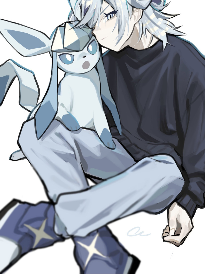 1boy :o alternate_costume black_sweater blue_footwear blurry blurry_foreground boots closed_mouth eyelashes glaceon grey_eyes grey_pants grusha_(pokemon) head_tilt highres long_sleeves male_focus pants pokemon pokemon_(creature) pokemon_(game) pokemon_sv sameniku_umai sweater white_background