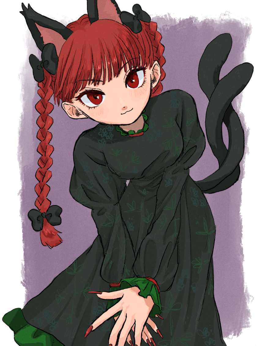 1girl :3 \||/ animal_ears black_bow blunt_bangs bow braid breasts cat_ears cat_tail chunmarupi contrapposto cowboy_shot dress extra_ears eyelashes fingernails floral_print frills green_dress grey_dress hair_bow highres kaenbyou_rin leaning_to_the_side long_fingernails long_hair looking_at_viewer medium_breasts multiple_tails nail_polish nekomata petticoat red_eyes red_nails redhead sharp_fingernails solo tail touhou tsurime twin_braids two_tails v_arms