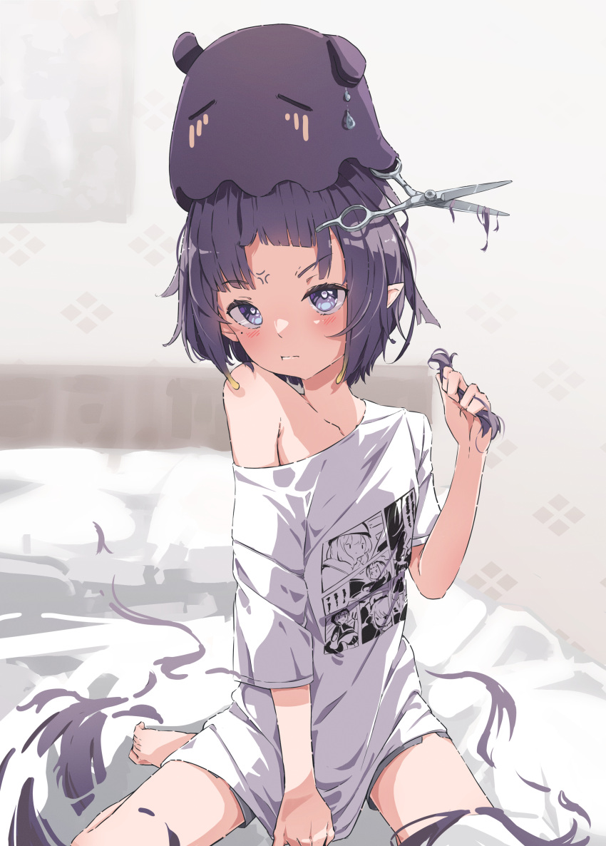1girl :t absurdres anger_vein armpit_crease barefoot blue_eyes blurry blurry_background blush bright_pupils collarbone cutting_hair dolphin_shorts flat_chest gloom_(expression) grey_shorts head_tilt highres holding holding_hair hololive hololive_english mole mole_under_eye naretsuro ninomae_ina'nis ninomae_ina'nis_(5th_costume) off_shoulder on_bed pointy_ears pout purple_hair scissors shirt short_hair short_shorts shorts sitting sweatdrop t-shirt takodachi_(ninomae_ina'nis) virtual_youtuber wariza white_pupils white_shirt