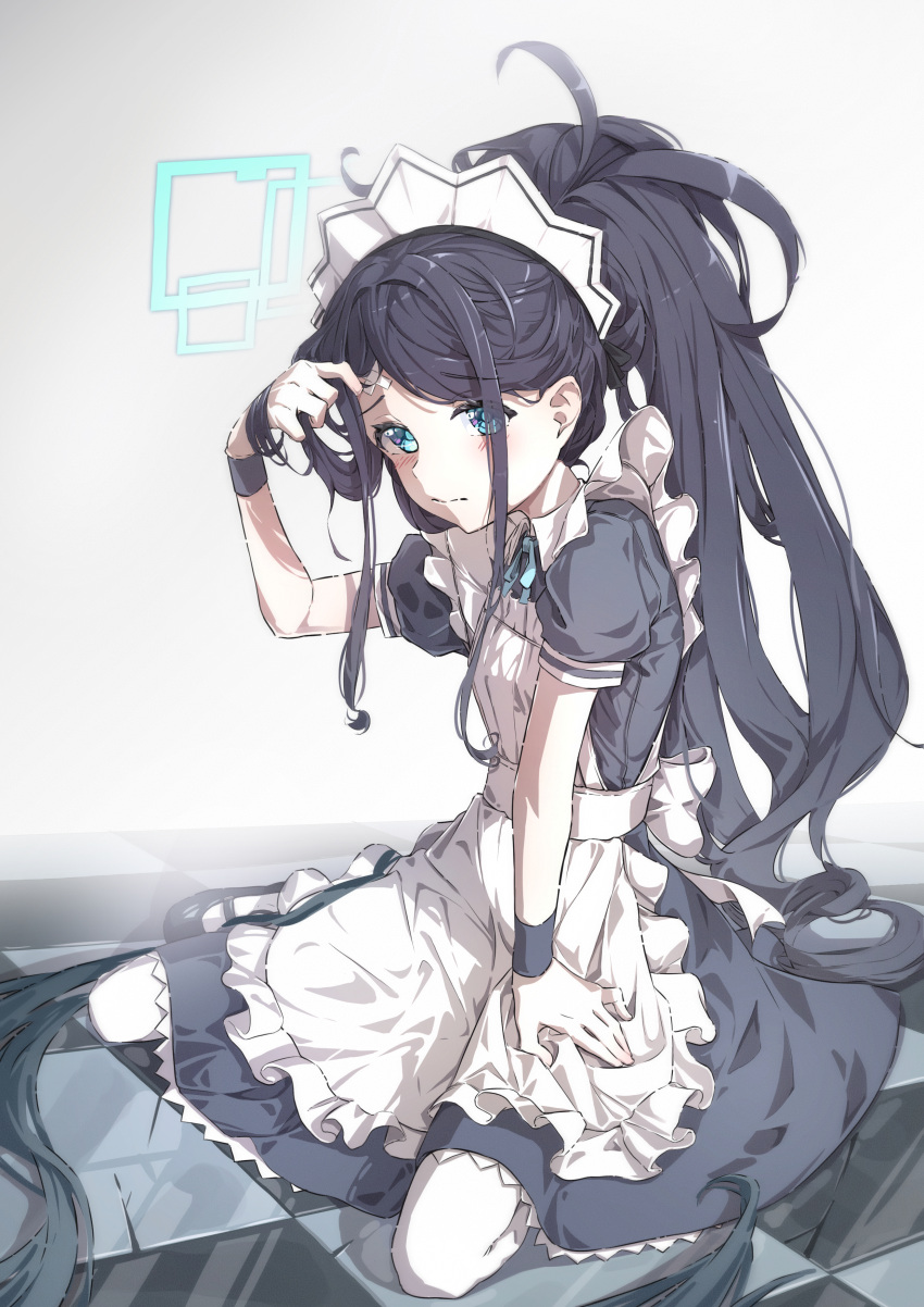 1girl absurdres alternate_costume apron aris_(blue_archive) aris_(maid)_(blue_archive) bandaid bandaid_on_face bandaid_on_forehead black_dress black_footwear blue_archive blue_eyes blush closed_mouth dress enmaided frilled_apron frills halo highres long_hair looking_at_viewer maid maid_apron maid_headdress mary_janes nekoyun93 official_alternate_costume pantyhose parted_bangs ponytail shiny_floor shoes short_sleeves sitting solo tile_floor tiles very_long_hair wavy_mouth white_apron white_pantyhose wrist_cuffs yokozuwari