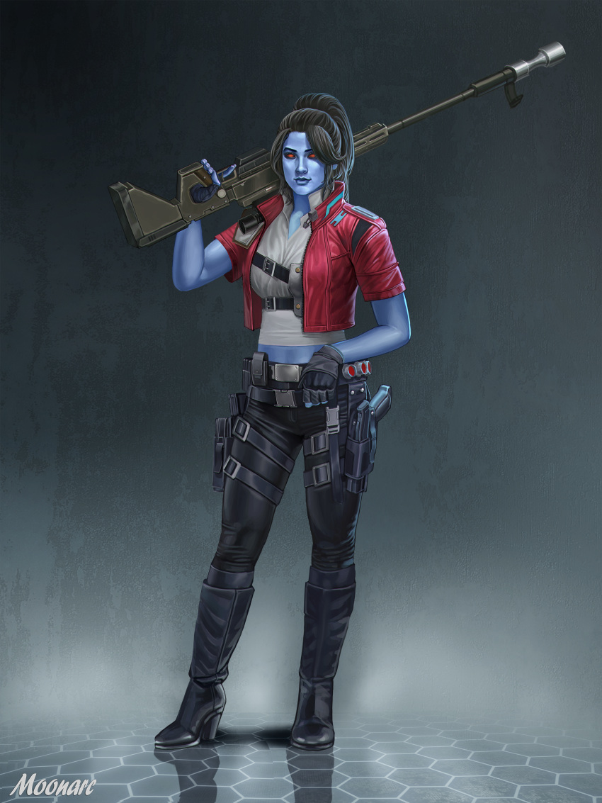 1girl absurdres alien audia_pahlevi belt black_footwear black_gloves black_hair black_pants blue_skin boots chiss colored_skin cropped_jacket fingerless_gloves full_body gloves gun highres holding holding_gun holding_weapon jacket looking_at_viewer midriff open_clothes open_jacket over_shoulder pants red_eyes red_jacket reflective_floor rifle shirt short_sleeves solo standing star_wars watermark weapon weapon_over_shoulder white_shirt